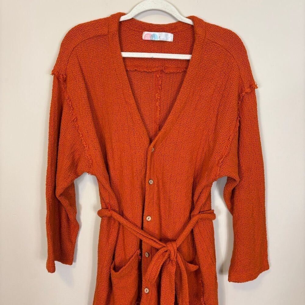 Free People Beach Orange Knit 100% Cotton V Neck Button Front Cardigan Sweater S - Picture 3 of 8